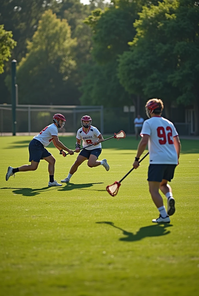 An outdoor lacrosse field, with male players in action. The field has a green, well-maintained lawn, surrounded by a wire fence and trees in the background. The sunlight is low, creating long shadows..realisitic,cinematic, 8k