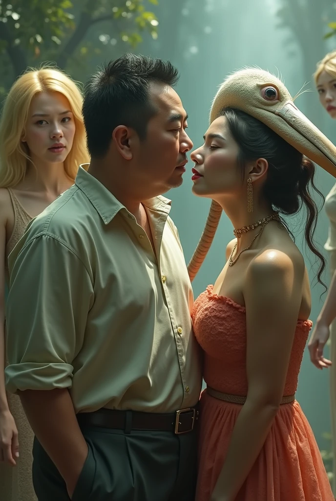 A young man in white sits drinking in a room surrounded by concubines in provocative outfits as his young wife opens the door and enters. Story from the Hanfu period.
