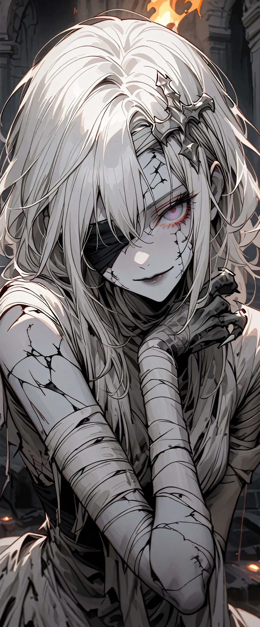 solo, female, grey skin, long white hair, silver hair ornament, bandages, blindfolded, decayed body, gentle smile, pinup pose, elegant gown, decaying clothes, royal rags, close up, crypt, dark atmosphere, thin hair, torch, cracked skin, close up, bony hands, bone claws