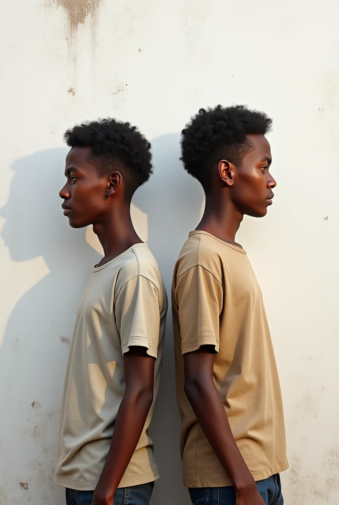 A 22 years old ethiopian brown skinned lean boy, wearing a shirt standing in-front of a white wall that have a stain near his head show his fully body from head to toe next to his identical twin brother that is taller than him and make it realistic