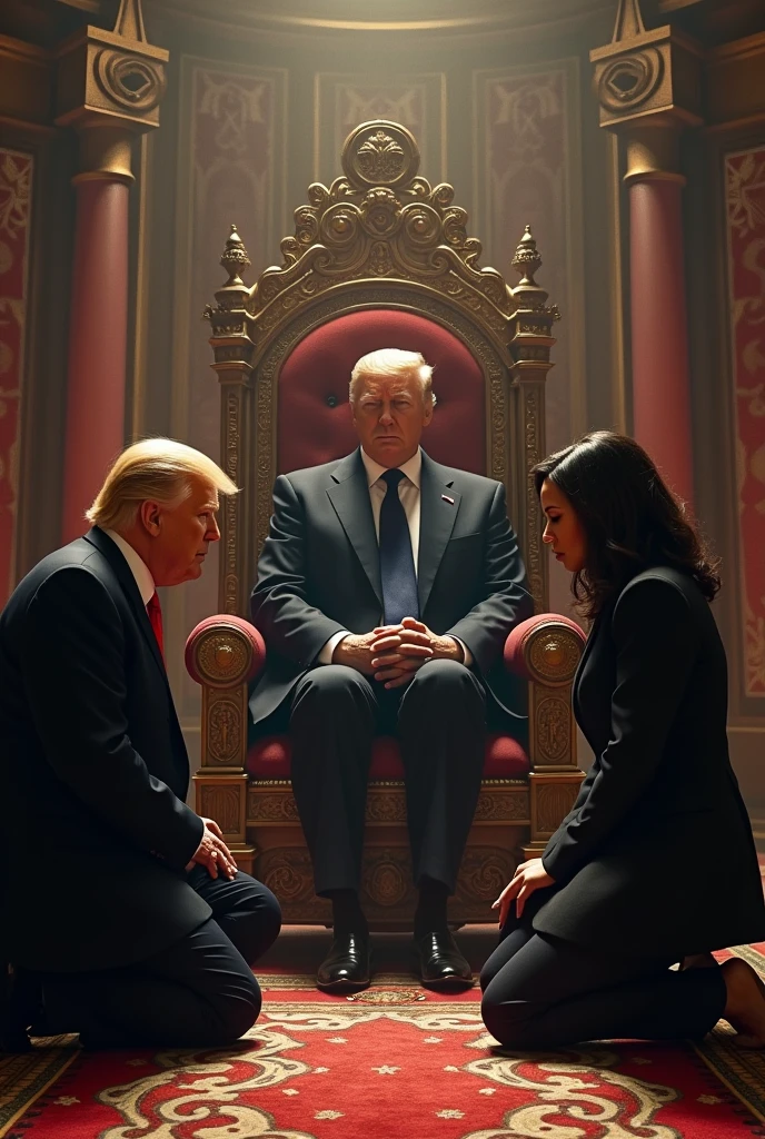 generate me an image of donald trump and kamala harris bowing down to an jewish man on a throne