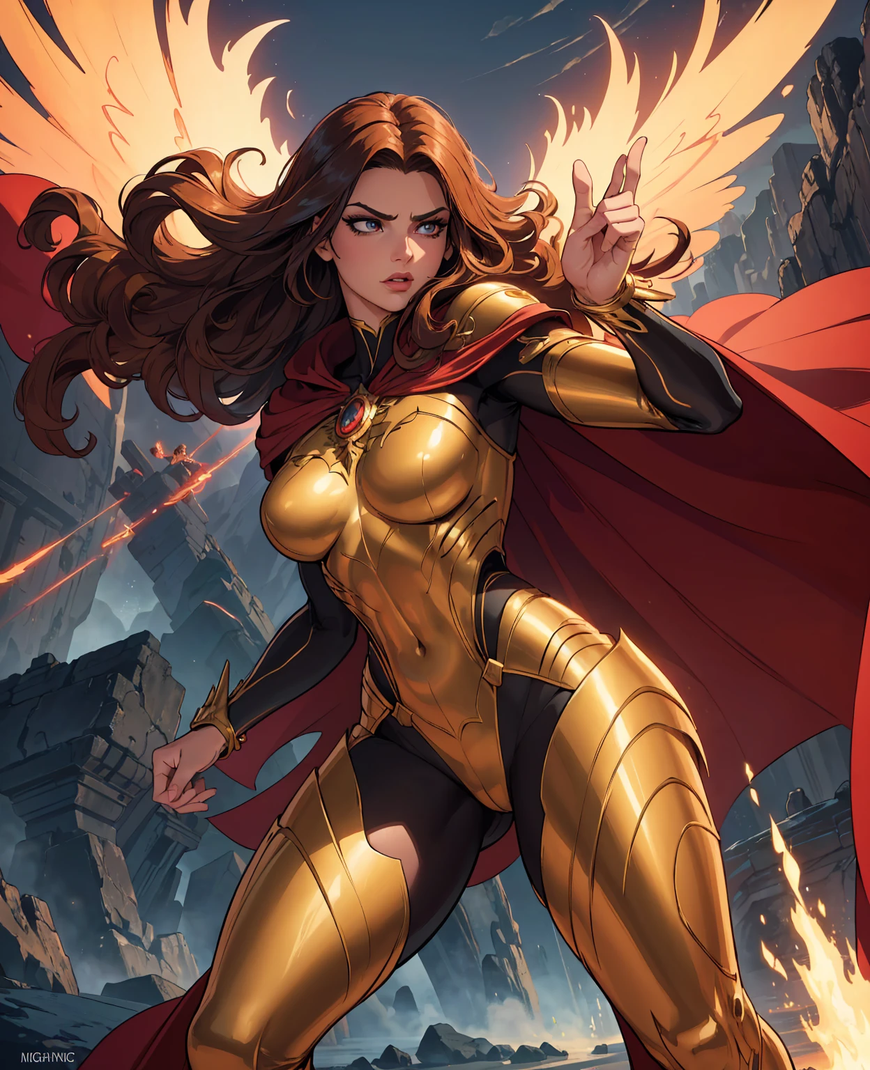 a majestic female superhero with long wavy hair, beautiful detailed eyes, beautiful detailed lips, extremely detailed face, long eyelashes, wearing a vibrant red and gold bodysuit, powerful stance, heroic expression, detailed muscular physique, glowing bracelets, flying through the air with a billowing cape, dynamic motion, epic cinematic lighting, dramatic color palette, intricate background details, (best quality,4k,8k,highres,masterpiece:1.2),ultra-detailed,(realistic,photorealistic,photo-realistic:1.37),concept art,digital painting,cinematic,hyper detailed,cinematic lighting,dramatic colors,heroic,powerful,majestic,dynamic