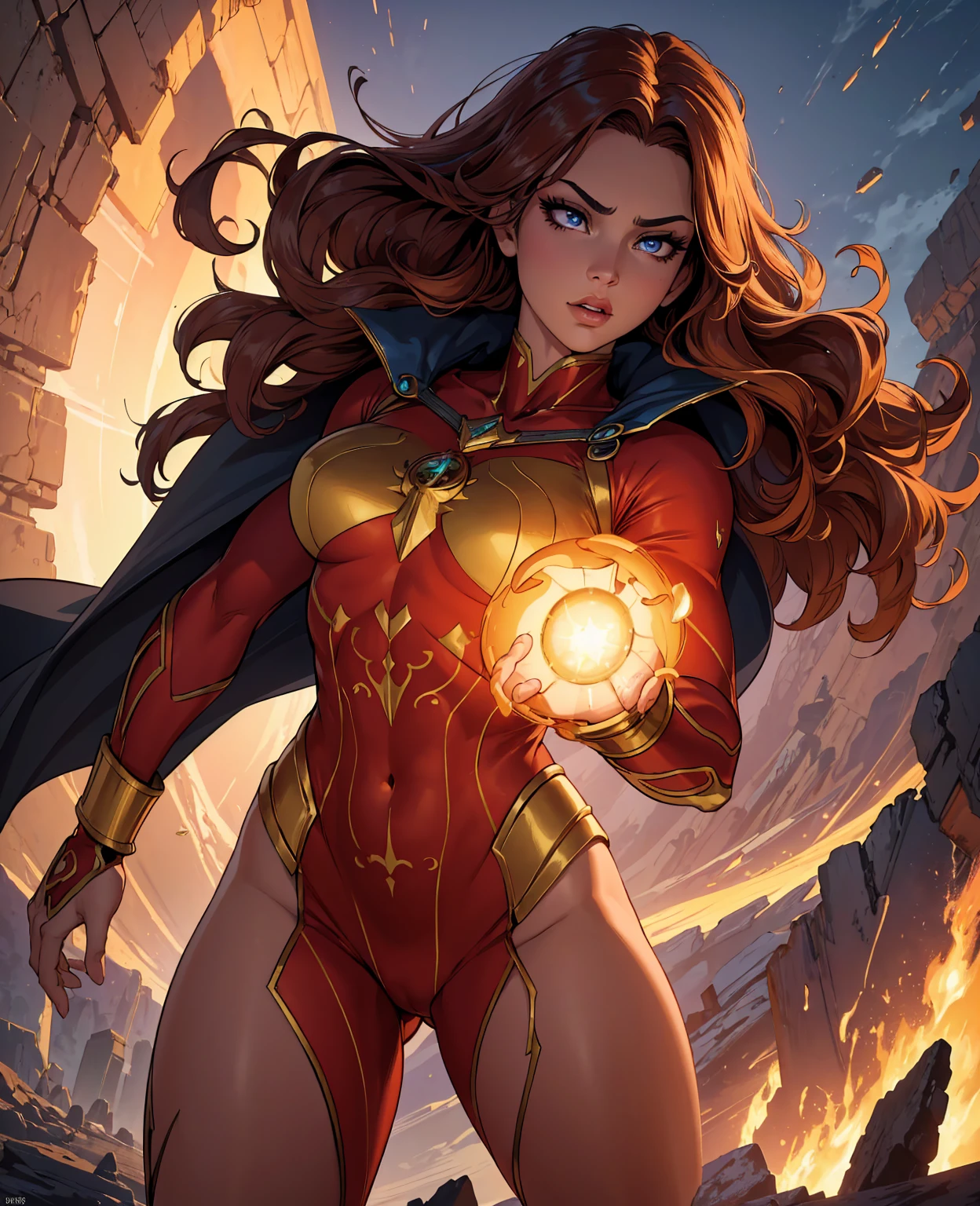 a majestic female superhero with long wavy hair, beautiful detailed eyes, beautiful detailed lips, extremely detailed face, long eyelashes, wearing a vibrant red and gold bodysuit, powerful stance, heroic expression, detailed muscular physique, glowing bracelets, flying through the air with a billowing cape, dynamic motion, epic cinematic lighting, dramatic color palette, intricate background details, (best quality,4k,8k,highres,masterpiece:1.2),ultra-detailed,(realistic,photorealistic,photo-realistic:1.37),concept art,digital painting,cinematic,hyper detailed,cinematic lighting,dramatic colors,heroic,powerful,majestic,dynamic