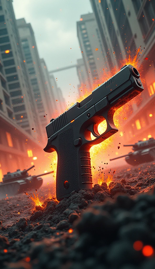 Action Logo "Gun Sin", There is a war in the background of the logo, bullets, guns, tanks, soldier style of the logo, realistic, 8k ultra HD, blast in the background, crystal clear, 3D, fantasy, Sci-Fi, Snow, Storm, Fire, Wintet, Summer, Greeny