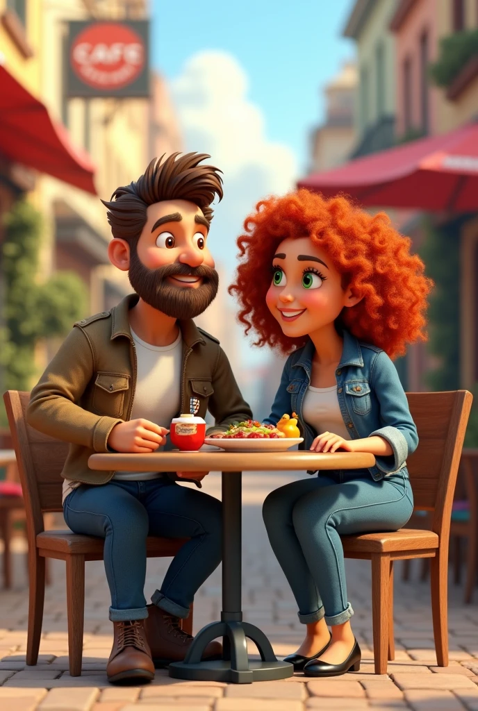 Disney 3D man with brown hair brown eyes brown bushy beard wears a white t-shirt and a denim jacket He and his wife are having lunch The woman has red bushy hair green eyes chubby jeans pants and a denim jacket with black shoes