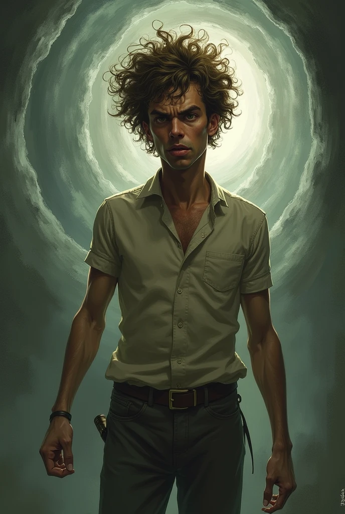 a thin man with curly hair and brown eyes lost in time unable to escape an endless loop, anxious and scared but still resilient, I'm searching for a way to succeed