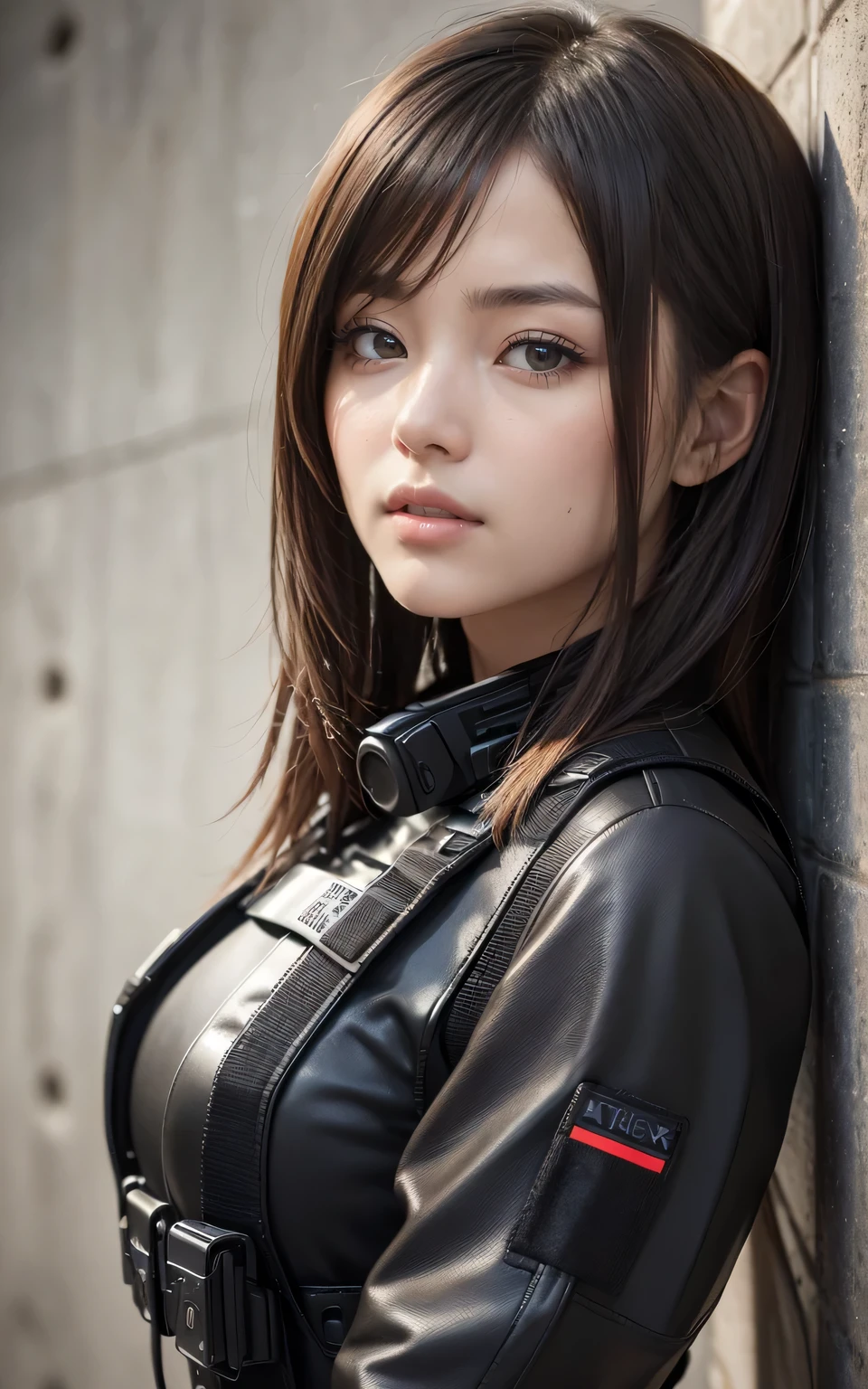 (masterpiece, ultra-detailed, ultra-realistic, best quality, clear focus, photorealistic), (ultra-high resolution, 8k:1.3), cinematic color-grading film, dramatic scenes, shadow, global-illumination, perfect anatomy, perfect face, (detailed face, detailed eye:1.3), (20 years old Japanese anime-style blonde girl), professional light, (beautiful with cute but boyish cool Japanese face:1.3), (holding a gun:1.5), (Strong willed expression:1.2), (afraid), (leather bodysuits), sniper, slim waist, (bad girl:1.3), amazing view of Abandoned buildings, very large breasts, tactical vest, military harness,