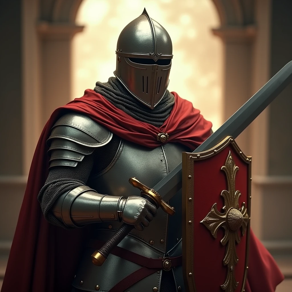 Templar knight in full armor with sword and shield, Very detailed, 8k, Global Illumination, Wide-angle, God's Rays