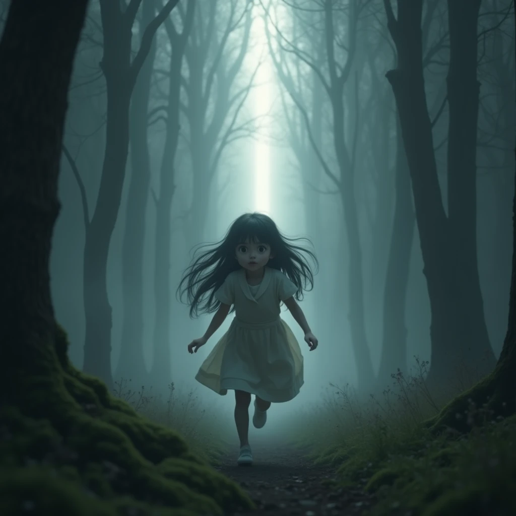 (Mysterious Fog), a beautiful young girl running through a mysterious, misty forest, The girl is facing forward and running away from a shining shadow. Her long black hair flows behind her, and a huge glowing shadow is chasing the girl. (Beautiful and cute face even in fear and panic),Fine facial features, Beautiful and detailed eyes, Beautiful and detailed lips, Very detailed eyes and face, Long eyelashes, Soft and glowing skin, Cute apron dress, Mossy trees, (Column of light breaking through the fog), (Highest Quality, 4k, (8k), (High Resolution:1.3), (Masterpiece:1.2), (Ultra Detailed), (Realistic), (Photorealistic), (Photorealistic:1.37), Fantasy, Cinematic Lighting, Moody Atmosphere, Dramatic Lighting, Dark Colors, Muted Palette