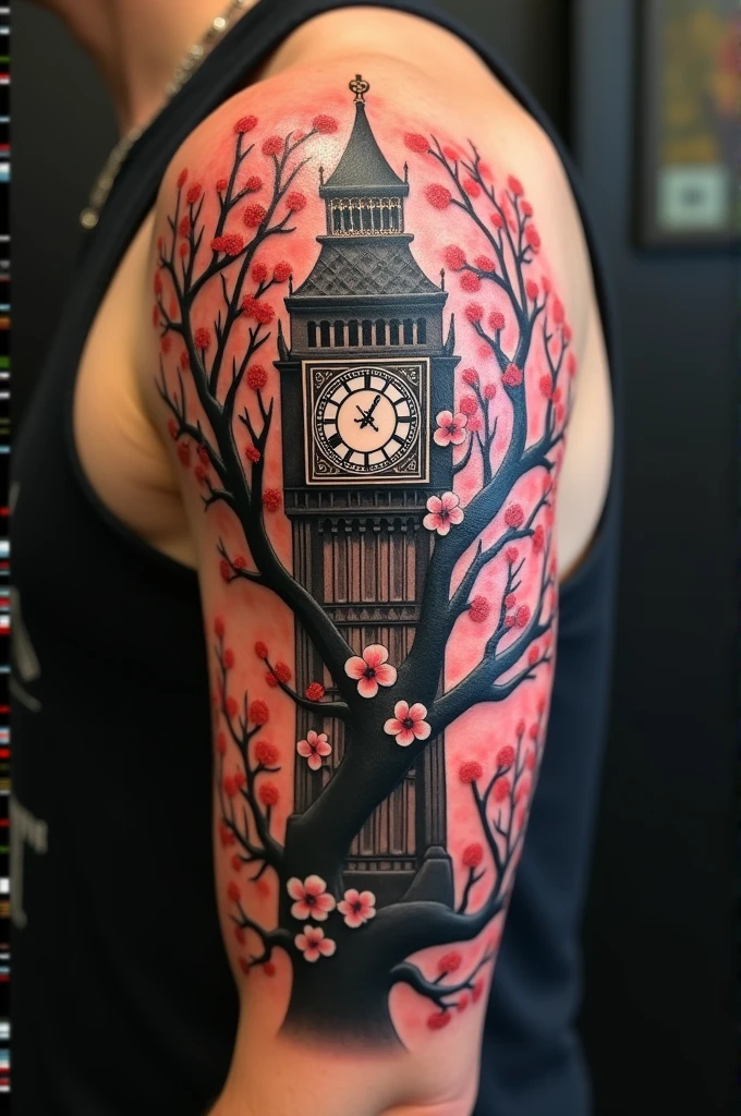 Tattoo on the arm of Big Ben on the shoulder, entangled in the high branches of a cherry tree that decorate the arm