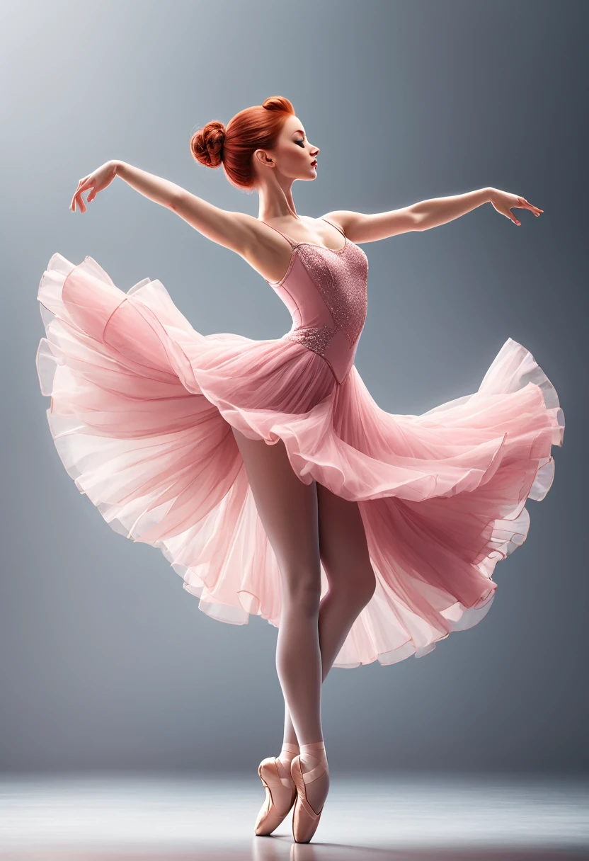 a white ballerina dancing on her toes, tall, thin, red hair, with a bun in her hair, pink flowing dress, high resolution, high details
