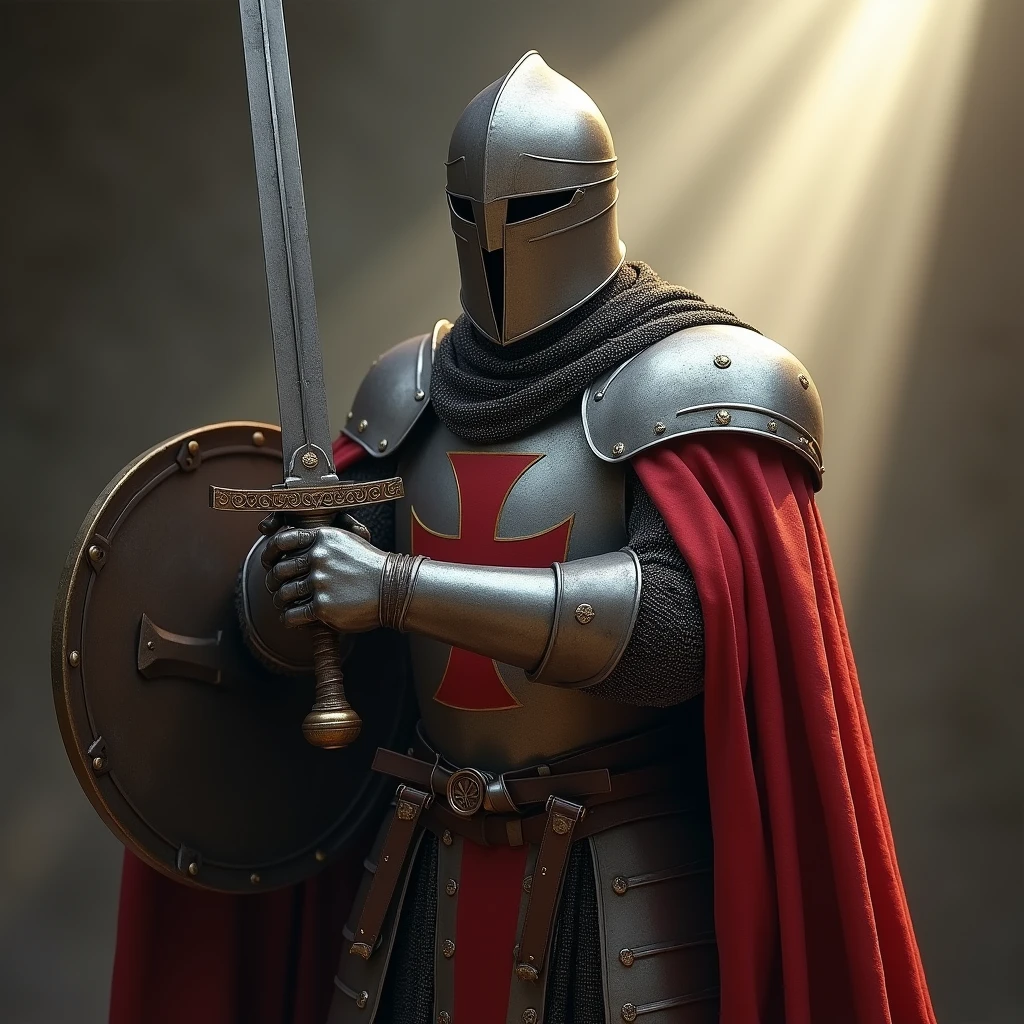 Templar knight in full armor with sword and shield, Very detailed, 8k, Global Illumination, Wide-angle, God&#39;s Rays