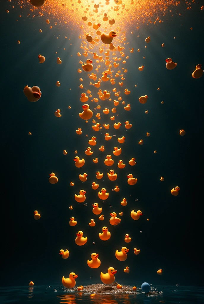 Rubber ducks falling from the sky into the abyss