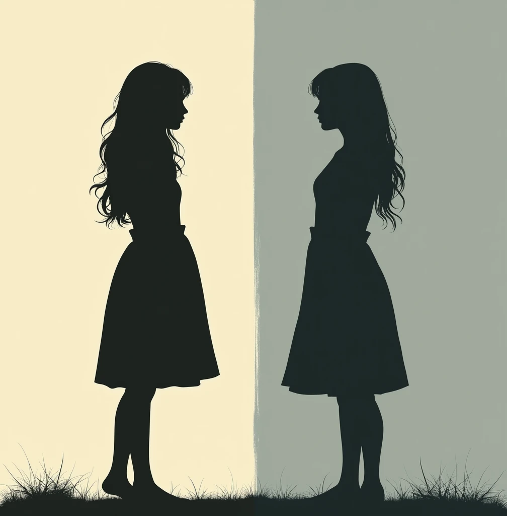 Depict two female silhouettes, representing the two sisters, facing opposite directions. This can symbolize their separate lives and perspectives. The background can be split into two contrasting colors, perhaps a soft sepia for one sister and a muted gray-blue for the other, to highlight their different experiences.