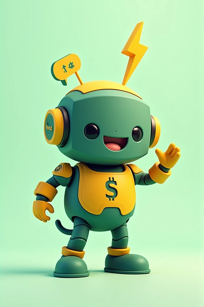Create a mascot for the startup Pague Bem Brasil, a fintech focused on automated billing solutions and efficient communication with clients through channels like WhatsApp. The mascot should represent the company's values: innovation, efficiency, accessibility, and a friendly yet professional approach. The design should be inspired by the colors and style of the company’s official logo, which uses green, yellow, and white, and it must incorporate the dollar sign, which is the brand's symbol.
The mascot should have a modern and friendly appearance, capable of creating an emotional connection with users. It should incorporate elements that represent effective communication, like message icons, as well as symbolize efficiency and agility, such as gears or a lightning bolt. The dollar sign, as the brand's symbol, can be creatively integrated into the mascot's design, perhaps as a detail on its body or as an accessory.
The character should be adaptable to different situations, from friendly interactions to more formal moments, reflecting the communication stages of Pague Bem Brasil. The primary colors should be green, yellow, and white, in harmony with the company’s logo.