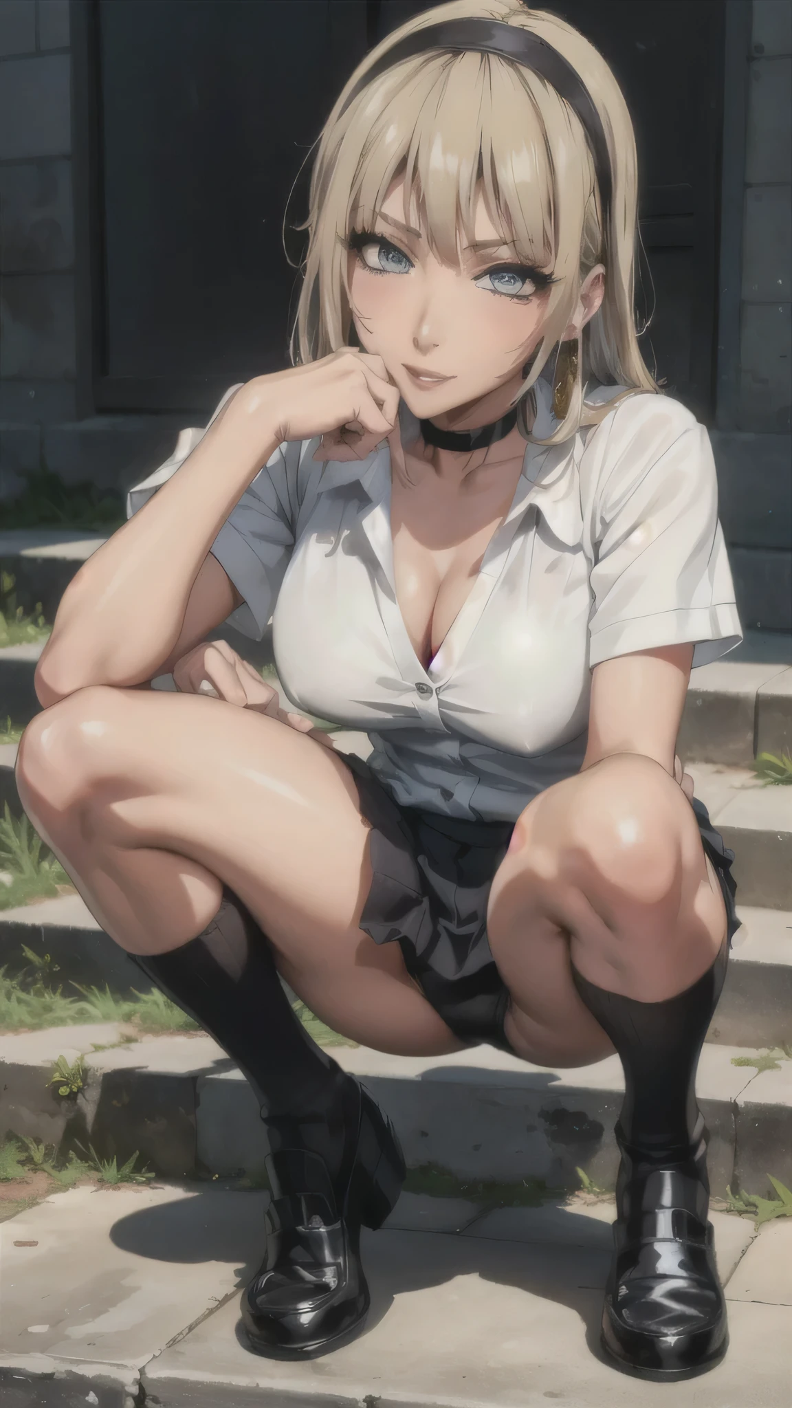 ((Beautiful feet)),(((Black Stockings))),((Lace panties)),((school uniform)),((loafers)),(((Pleated mini skirt))), ((White blouse)),((Correct Anatomy)),((Crouching on the stairs)),Ultra-high resolution, Mature Woman, Mature Woman, Very detailed, ((Big Tits)), Perfect hands, Detailed fingers, Beautiful details,((Long blonde hair)),((ponytail)),Black choker, Earrings,Perfect Eyes, Seductive eyes,School stairs