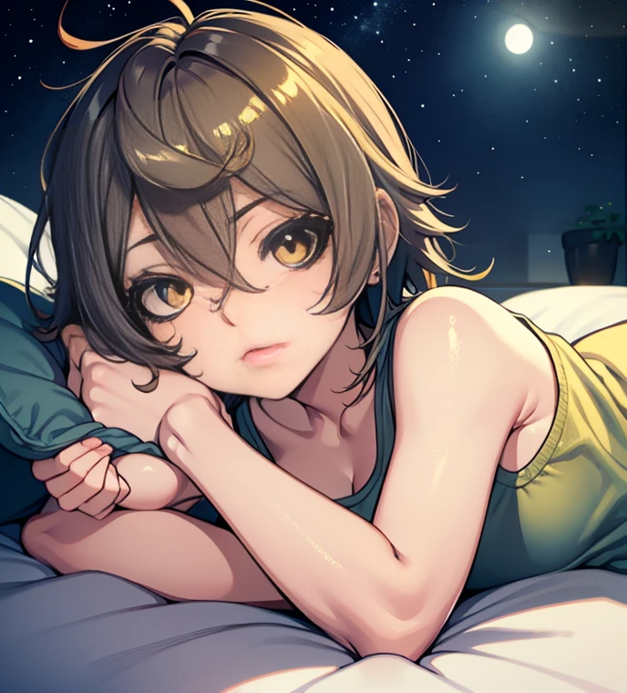 short hair, brown hair, yellow glowing eyes, perfect lips,sleepy look ,  ready to sleep, cute expression, cute face, laying in the bed,  pajama, pillow, tank top, babe doll , sleepyhead pose, ultra detailed face, long eyelashes, sharp eyes , Fullbody shot, dinamic viewer, night sky , dinamic point of view, diferents point of view, room, dinamic picture , laying in the bed