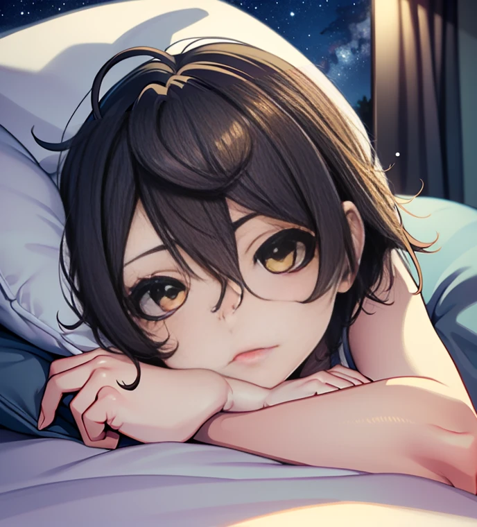 short hair, brown hair, yellow glowing eyes, perfect lips,sleepy look ,  ready to sleep, cute expression, cute face, laying in the bed,  pajama, pillow, tank top, babe doll , sleepyhead pose, ultra detailed face, long eyelashes, sharp eyes , Fullbody shot, dinamic viewer, night sky , dinamic point of view, diferents point of view, room, dinamic picture , laying in the bed