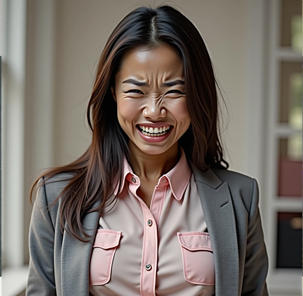 flat chested asian woman with very thin asian eyes, long black hair, staring directly into camera, pained expression, distressed,, mouth open wide, gasping, inhaling, perfect teeth, eyes opened wide, light blue eyes, thin grey office blazer, pink collared button blouse
