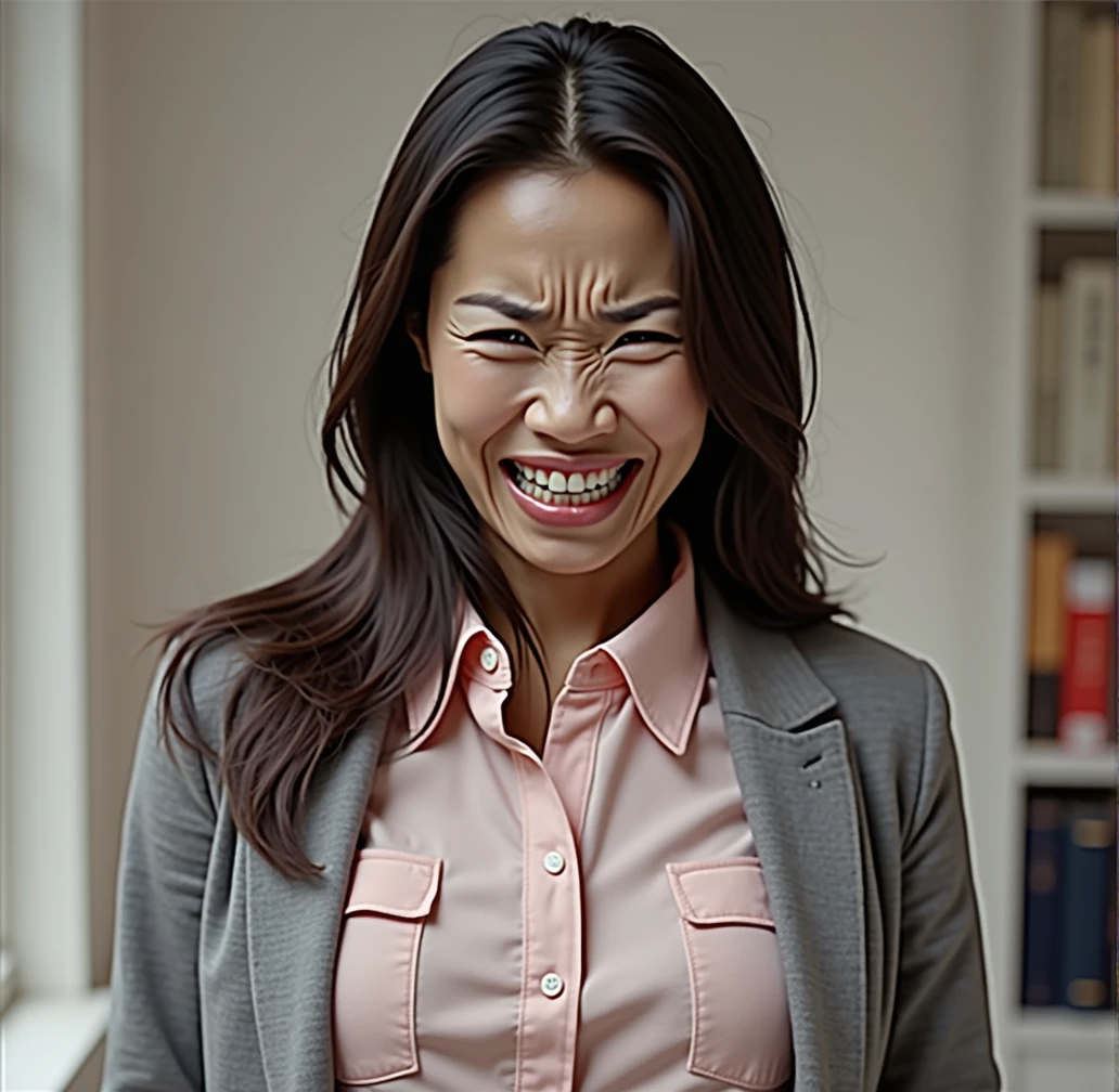 flat chested asian woman with very thin asian eyes, long black hair, staring directly into camera, pained expression, distressed,, mouth open wide, gasping, inhaling, perfect teeth, eyes opened wide, light blue eyes, thin grey office blazer, pink collared button blouse