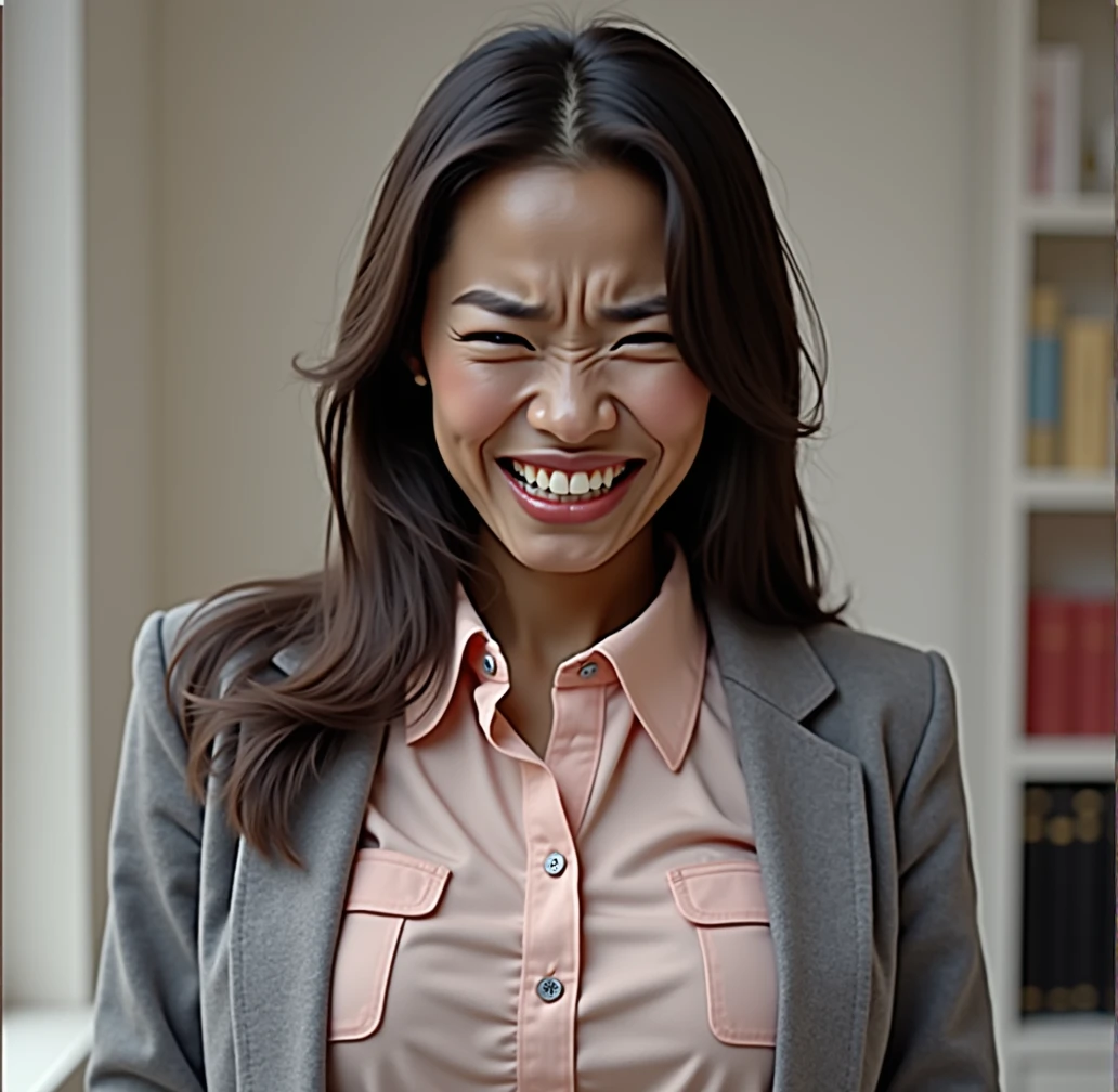 flat chested asian woman with very thin asian eyes, long black hair, staring directly into camera, pained expression, distressed,, mouth open wide, gasping, inhaling, perfect teeth, eyes opened wide, light blue eyes, thin grey office blazer, pink collared button blouse