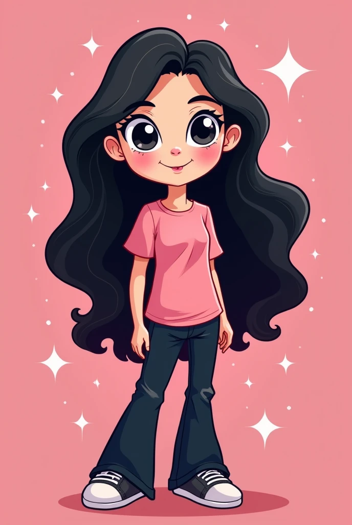 Create a logo of an animated chibi woman with long black hair and white skin, wearing black flare jeans and a pink t-shirt, against a pink background with sparkles.