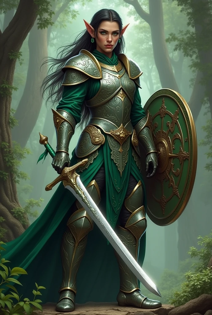 Create an image of a black-haired, green-eyed Elf in metal armor with green accents carrying a silver sword and shield 
