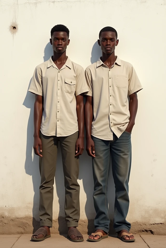 A 22 years old ethiopian brown skinned lean boy, wearing a shirt standing in-front of a white wall that have a stain near his head show his fully body from head to toe next to his identical twin brother that is taller than him and show his their full body and make it realistic 