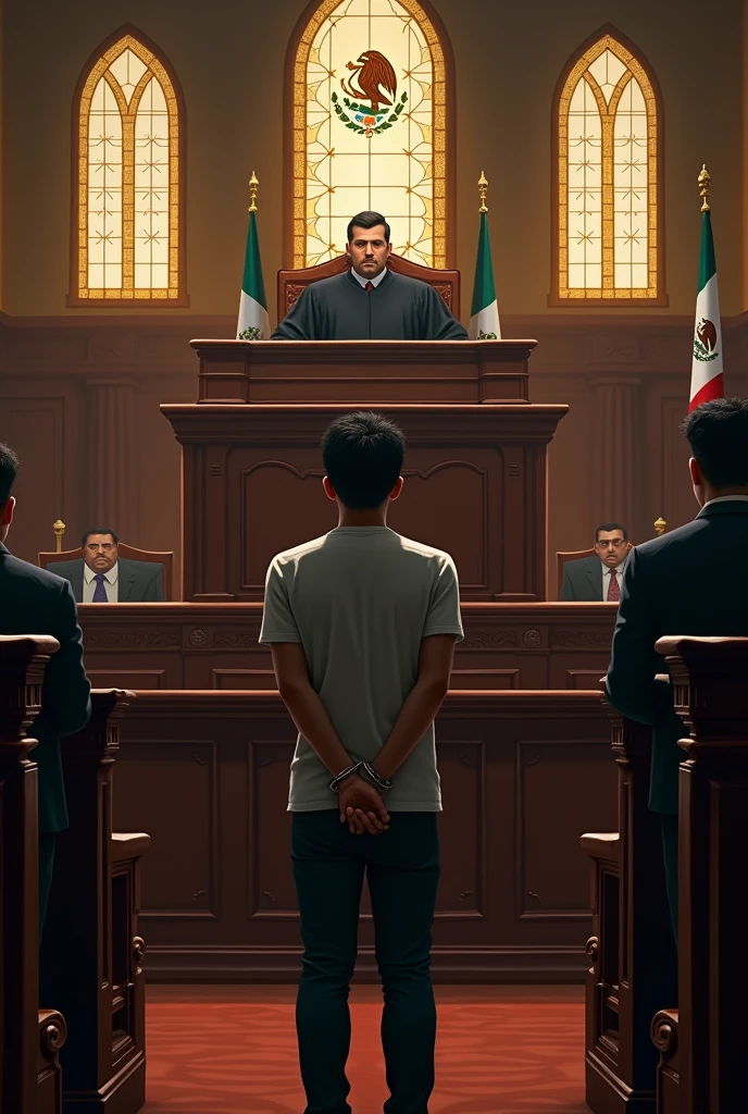 Image of a criminal judge sitting in a Mexican courtroom sentencing a male defendant who is in the back of the oral trial room dressed in orange, who is sad and handcuffed.
