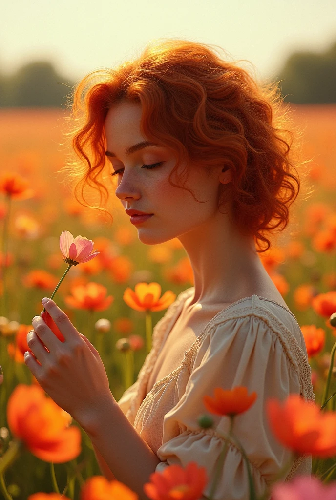 Digital hyperrealistic art, A field with beautiful flowers in the background, a redhead with curly hair holds a flower in her hand while leaning slightly towards it, Although there is some softness in her gaze, she is still. Image with orange tones