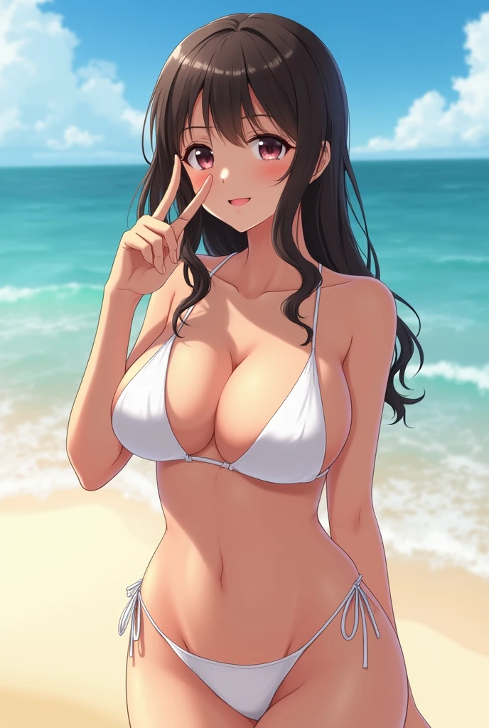 Highest quality、High resolution、Detailed Background、An illustration、Beautiful face in every detail、Detailed facial expressions、age beauty、(Huge breasts:1.2)、Perfect body line、Attractive ass、Cute gestures、Sandy Beach、Accentuate your cleavage、Show your side、Underboob、Sexual expressions、White micro bikini、Wet and transparent、My whole body is wet、Smiling、very beautiful