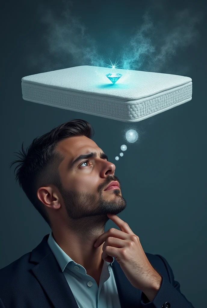 Man thinking about buying a mattress, the idea is that the mattress can be seen inside the mind of that person and hopefully a diamond appears on the mattress. look to the right