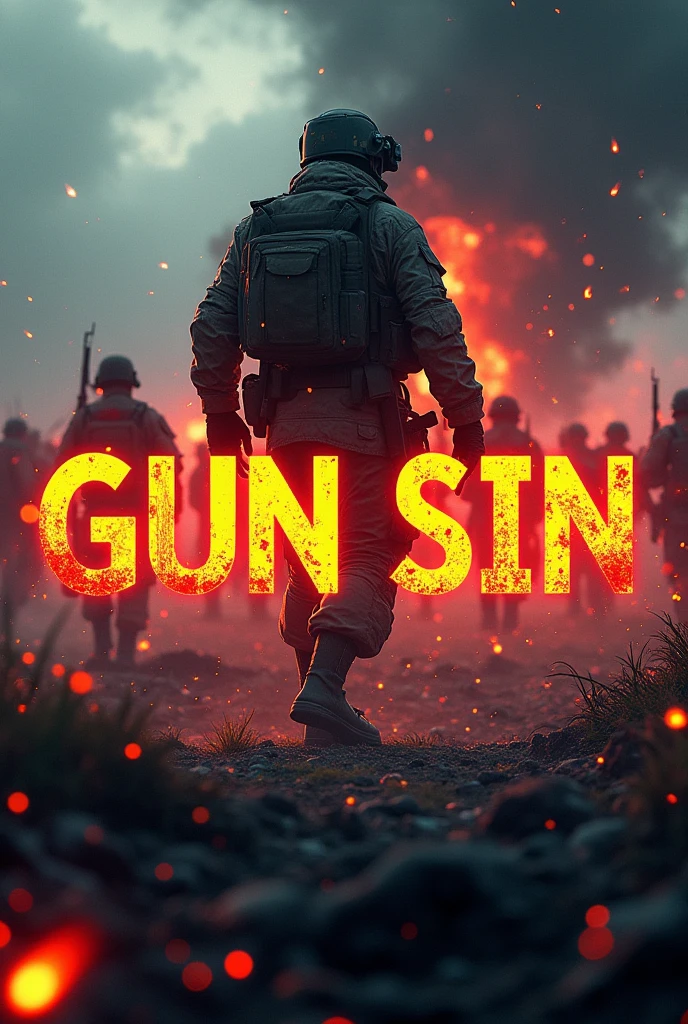 Action Logo title word "Gun Sin", There is a war in the background of the logo, bullets, soldier style of the logo, realistic, 8k ultra HD, blast in the background, crystal clear, 3D, fantasy, Sci-Fi, Snow, Storm, Fire, Wintet, Summer, Greeny