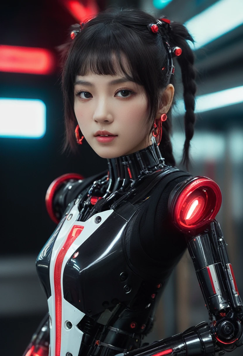 xxmixgirl. Highly detailed professional 35mm film, bokeh, face in sharp focus. A robotic female, Miku, with ((metal skin)), ((perfect Asian eyes)) with magenta irises and ((black pupils)), beautiful serious (detailed face), 18 year old ((photorealistic face)), very long magenta twin tails of magenta hair, twin black hair ties with a single red stripe. She may have a black audio headpiece. We can see her ((full body)) down to her boot soles. Her outfit is a sleeveless collared light grey shirt, outlined in red around the frilled collar and hems. Shiny reflective ((metallic breast cups, dimpleless)), invisible nipples. She wears black sleeves with red hems that start around her upper arm and bellow out as the sleeves open and extend to her wrists, with wide trumpet red rimmed cuffs. She has perfect robotic (detailed hands). She wears a red colored tie with two horizontal solid parallel black lines halfway across. She wears a fabric black skirt with a horizontal red hem at the bottom all the way around; her (((black skirt wraps around her))) and ((her skirt completely covers)) her robotic waist and thighs. Tall black boots with red bottom soles, a red rim around the top at her thighs. Her mechanical shoulder joints are visible. We can see her robotic legs and robotic neck. Half of her is covered with shiny polished machinery. The background is a distant dark neon futuristic Japanese city, gold, cyan, violet neon, near harbor or mountains.