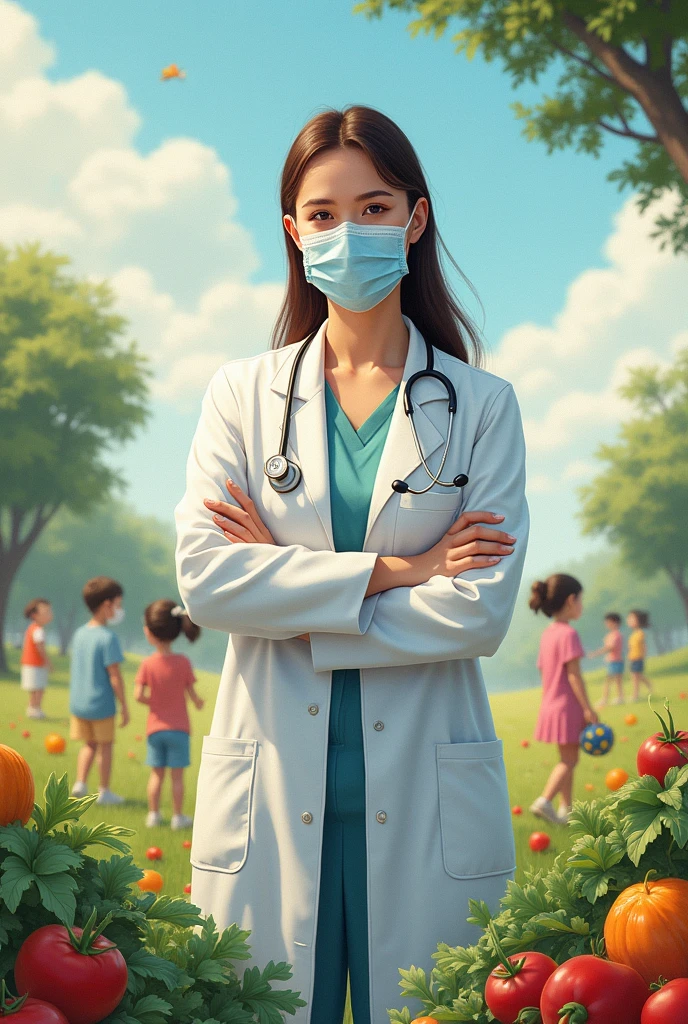 Draw a semi-realistic drawing of a female doctor in the center with a mask and a lab coat and around her place things like children, open air, Healthy Eating, and other things related to health and well-being