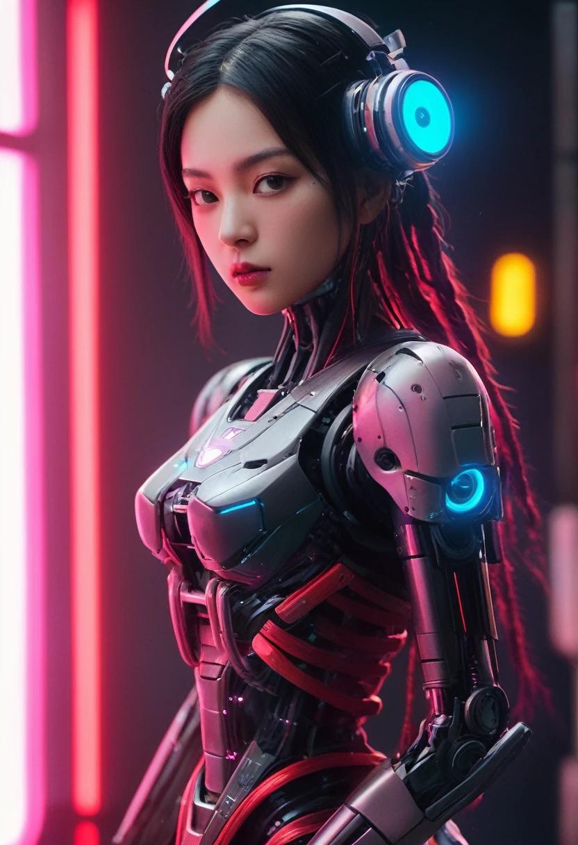 xxmixgirl. Highly detailed professional 35mm film, bokeh, face in sharp focus. A robotic female, Miku, with ((metal skin)), ((perfect Asian eyes)) with magenta irises and ((black pupils)), beautiful serious (detailed face), 18 year old ((photorealistic face)), very long magenta twin tails of magenta hair, twin black hair ties with a single red stripe. She may have a black audio headpiece. We can see her ((full body)) down to her boot soles. Her outfit is a sleeveless collared light grey shirt, outlined in red around the frilled collar and hems. Shiny reflective ((metallic breast cups, dimpleless)), invisible nipples. She wears black sleeves with red hems that start around her upper arm and bellow out as the sleeves open and extend to her wrists, with wide trumpet red rimmed cuffs. She has perfect robotic (detailed hands). She wears a red colored tie with two horizontal solid parallel black lines halfway across. She wears a fabric black skirt with a horizontal red hem at the bottom all the way around; her (((black skirt wraps around her))) and ((her skirt completely covers)) her robotic waist and thighs. Tall black boots with red bottom soles, a red rim around the top at her thighs. Her mechanical shoulder joints are visible. We can see her robotic legs and robotic neck. Half of her is covered with shiny polished machinery. The background is a distant dark neon futuristic Japanese city, gold, cyan, violet neon, near harbor or mountains.