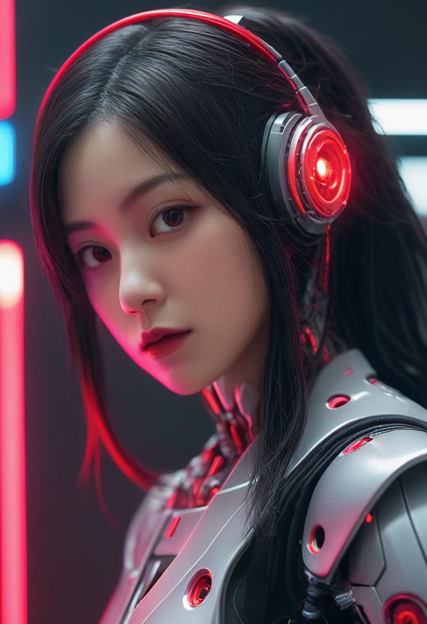xxmixgirl. Highly detailed professional 35mm film, bokeh, face in sharp focus. A robotic female, Miku, with ((metal skin)), ((perfect Asian eyes)) with magenta irises and ((black pupils)), beautiful serious (detailed face), 18 year old ((photorealistic face)), very long magenta twin tails of magenta hair, twin black hair ties with a single red stripe. She may have a black audio headpiece. We can see her ((full body)) down to her boot soles. Her outfit is a sleeveless collared light grey shirt, outlined in red around the frilled collar and hems. Shiny reflective ((metallic breast cups, dimpleless)), invisible nipples. She wears black sleeves with red hems that start around her upper arm and bellow out as the sleeves open and extend to her wrists, with wide trumpet red rimmed cuffs. She has perfect robotic (detailed hands). She wears a red colored tie with two horizontal solid parallel black lines halfway across. She wears a fabric black skirt with a horizontal red hem at the bottom all the way around; her (((black skirt wraps around her))) and ((her skirt completely covers)) her robotic waist and thighs. Tall black boots with red bottom soles, a red rim around the top at her thighs. Her mechanical shoulder joints are visible. We can see her robotic legs and robotic neck. Half of her is covered with shiny polished machinery. The background is a distant dark neon futuristic Japanese city, gold, cyan, violet neon, near harbor or mountains.