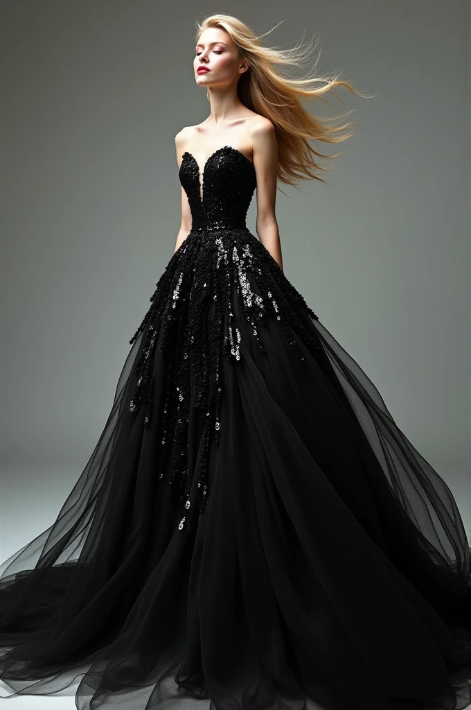 Make a ball gown, blackw, full of black sequins and with a large neckline and a thin waist the model has to be blonde and white