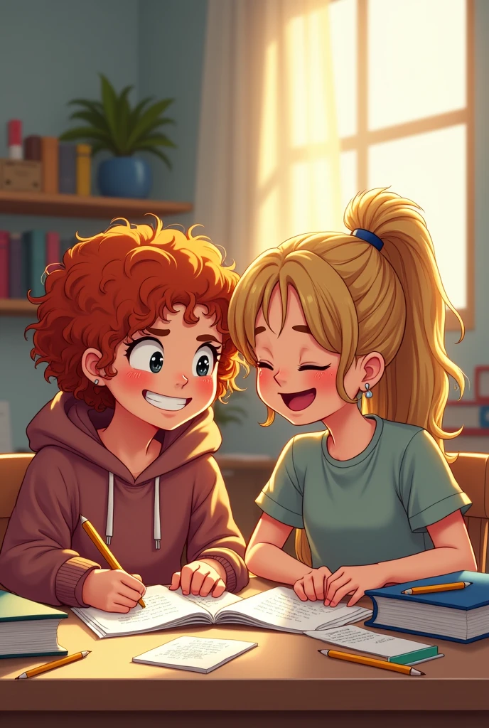 two middle school best friends. One with curly redish blonde hair and a hoodie. The other one with a dirty blonde ponytail and a t shirt. Make them doing work and laughing.