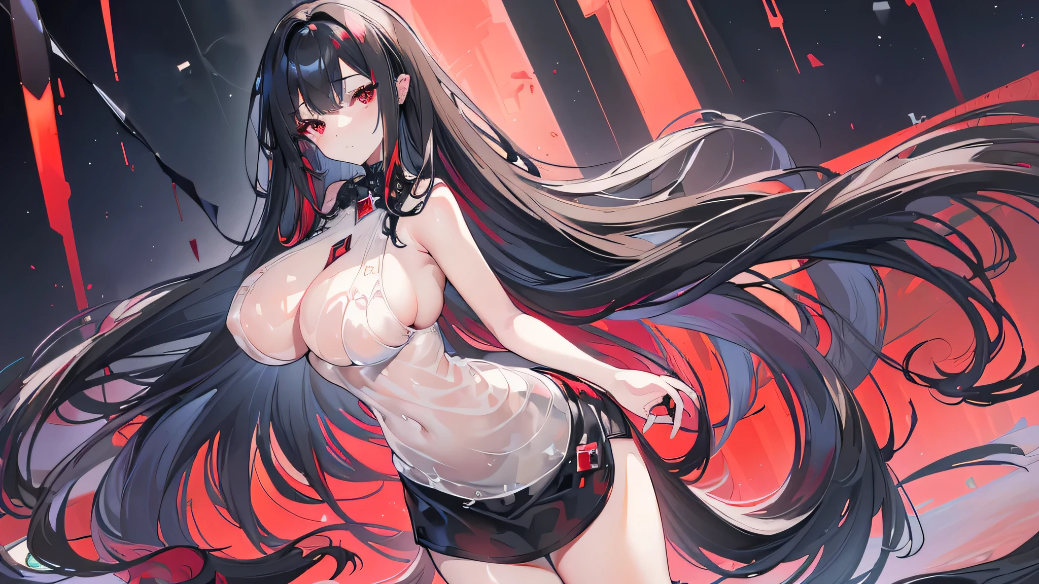 Exquisite eyes),(Clear and beautiful eyes:1.61),masterpiece, ung girl,(Black clothes and some red gems), Black long hair, (She has a huge red gem on her chest), Good Hand,((The Havoc of StarCraft)),full-body shot,Fighting Stance,(Red Eyes:1.466),short and small,(Very big breasts:1.35),(Pretty Face),(full-body shot:1.33),Beautiful hands