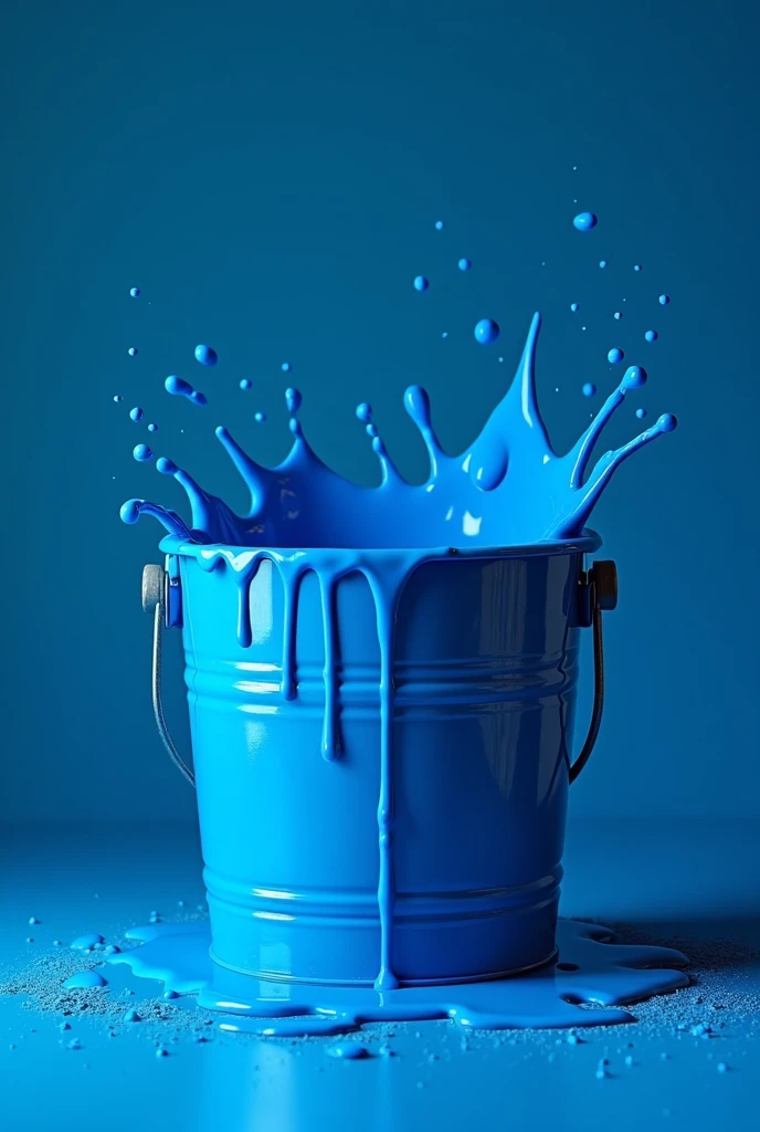 A blue bucket of blue paint with a blue background and splattering paint