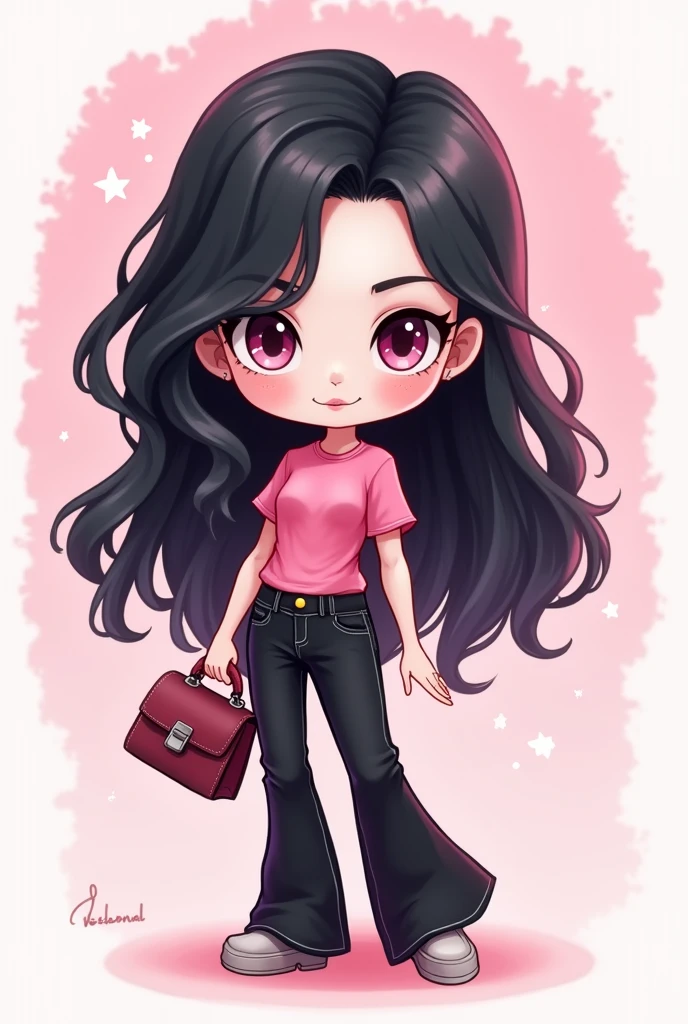 Create a logo for an animated chibi-style woman with long black hair and white skin, black flared jeans and a pink t-shirt, and also holding a purse with a pink background with sparkles.