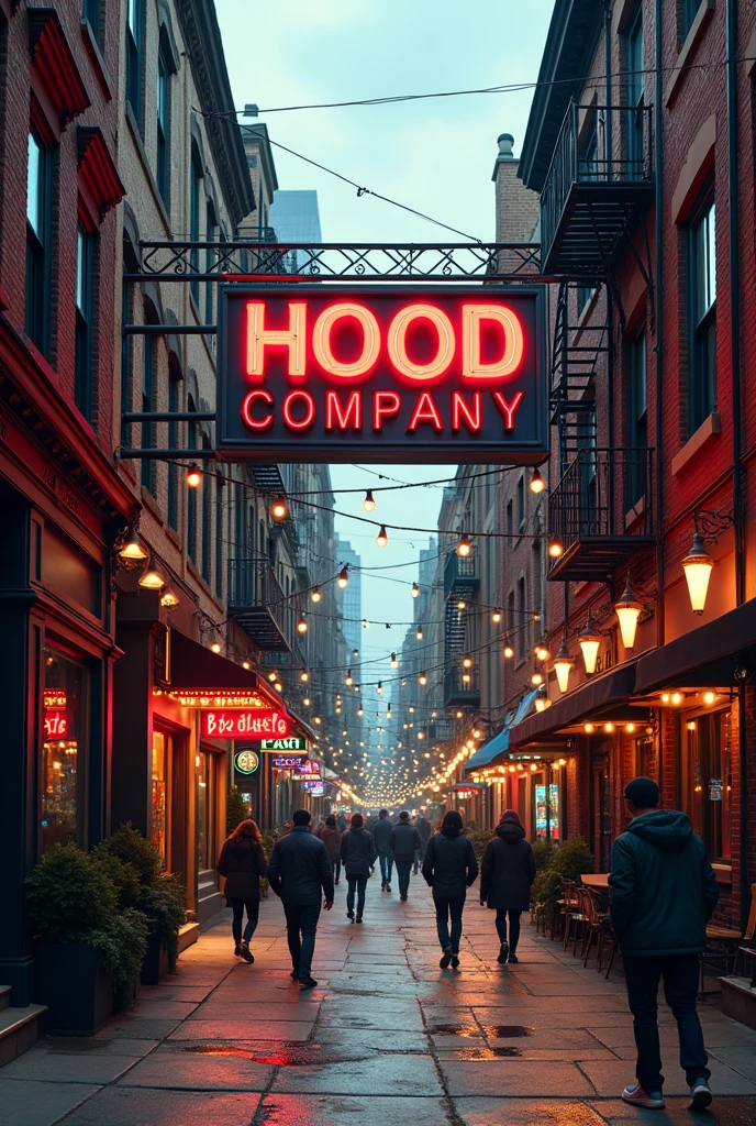 generate a typical chicago neighbourhood with a text above it saying "HOOD COMPANY"