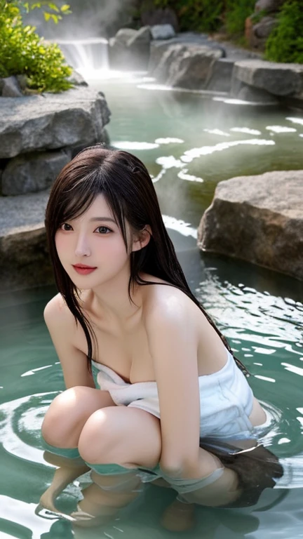 最high quality、high quality、Best image quality、8k、最High resolution、High resolution、最high quality、masterpiece、Detailed and realistic human body、One beautiful woman、Detailed and realistic skin、Realistic face in every detail、Realistic reproduction of every detail、Detailed and realistic lips、Detailed and realistic teeth、Detailed and realistic ears、Detailed and realistic hair、Detailed and realistic weapons、Realistic reproduction of every detail、Realistic fingers in every detail、(Beautiful Hands、thumb1reference4)、Realistic feet down to the last detail、((A beautiful Japanese woman))、(Japanese Model), (Japanese women)、((18 year old beautiful girl))、(Black Hair)、(Random Hairstyles)、((whole body))、((Beautiful upturned breasts))、(Slim Style、Slim fit)、(whole body光沢肌、Fair skin)、、(Soft natural light)、((Deep in the forest(Natural hot springs gush out))、((Hot springs surrounded by rocks))、((deep bathtub(deep hot spring))、((Onsen Girls))、((Enter the hot spring))、((A woman warming herself in a hot spring))、((Soak in a hot spring))、((腰までSoak in a hot spring))、((in hot spring water、Sit with your butt down))、((Sit on your knees in the hot spring))、((Sit on your knees in the hot spring))、((Lying in a hot spring))、((Kneeling in the hot spring))、((Immerse yourself in hot spring water up to your shoulders))、((A lot of steam rises from the hot spring..))、((Extremely clear hot spring water))、((The main body seen from the water surface))Wearing only a white towel
