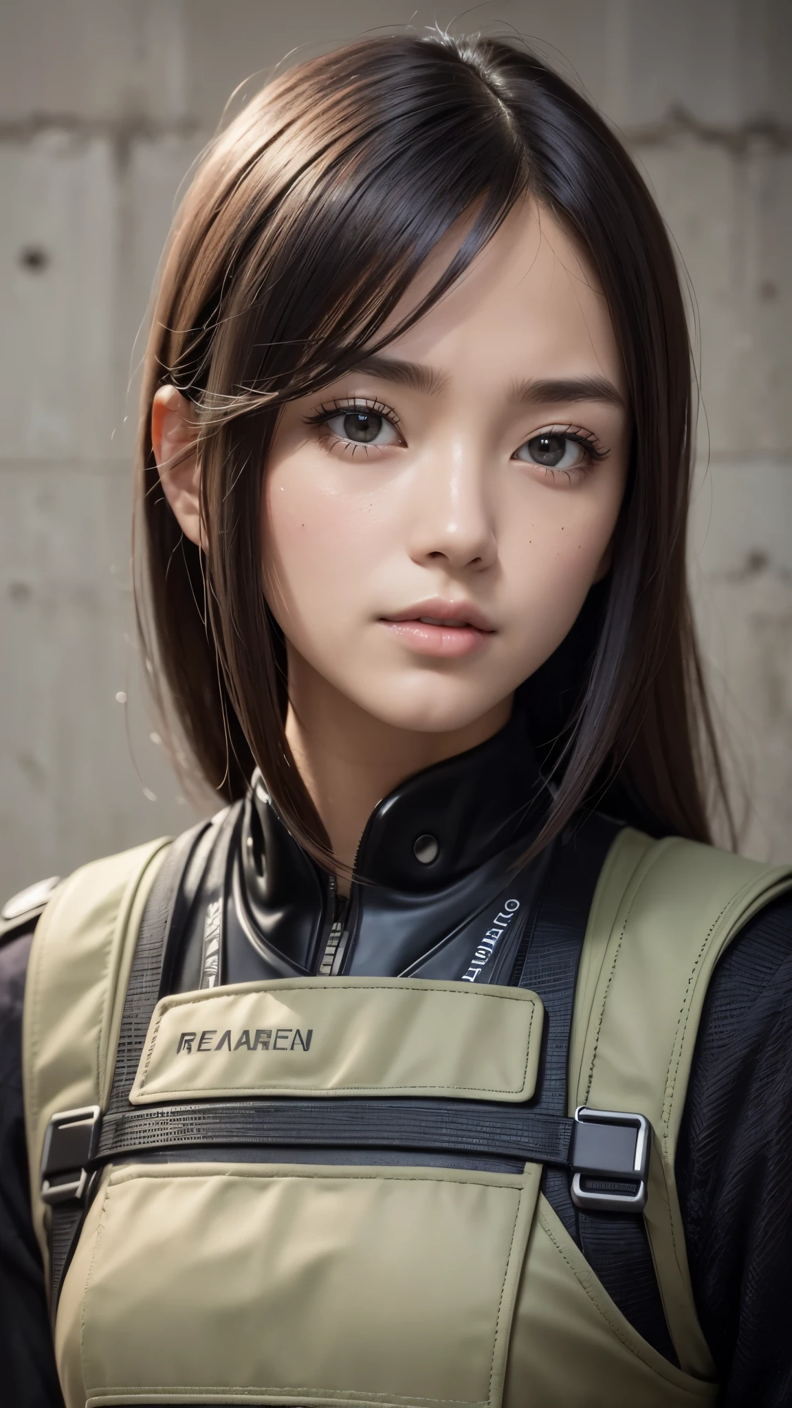 ((Best Quality, 8K, Masterpiece: 1.3, best quality)), photorealistic, photorealism, high resolution, ((face close up:1.2)), (detailed face skin, reallistic, Photorealsitic:1.37), face of 1girl, japanese, looking at the viewer, (Detailed face), medium long hair, (wearing dark rubber suit, tactical vests, military harness, high-tech headset), concrete wall background,