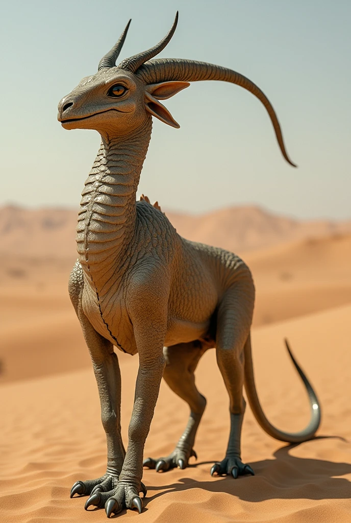 Realistic photo of a desert reptile with scales, 2 bird hind legs and 2 lion forelegs, long neck with a snake head and small spiral goat horns.