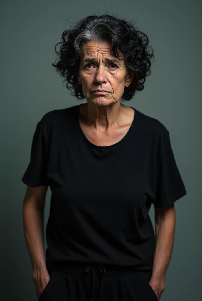 middle aged female patient, black curly hair, wrinkles on face, looks miserable due to overuse of medicine, black blouse, black jogging pants, tired emotion