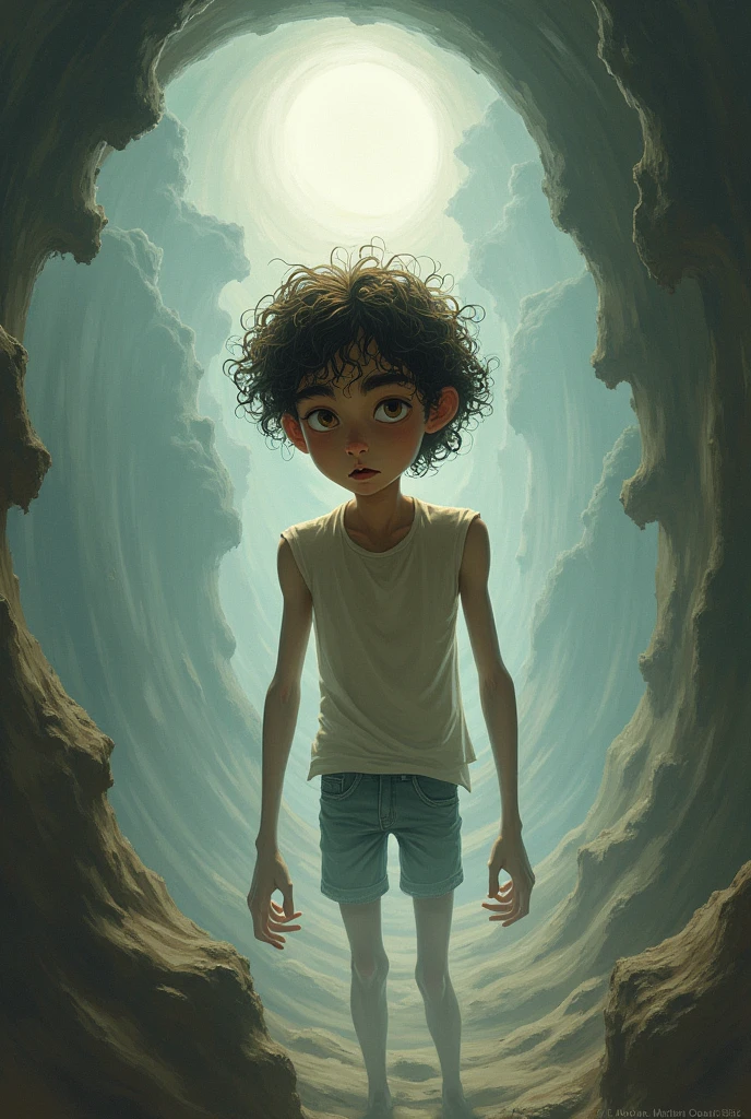 a thin man with curly hair and brown eyes lost in time unable to escape an endless loop, anxious and scared but still resilient, I'm searching for a way to succeed 