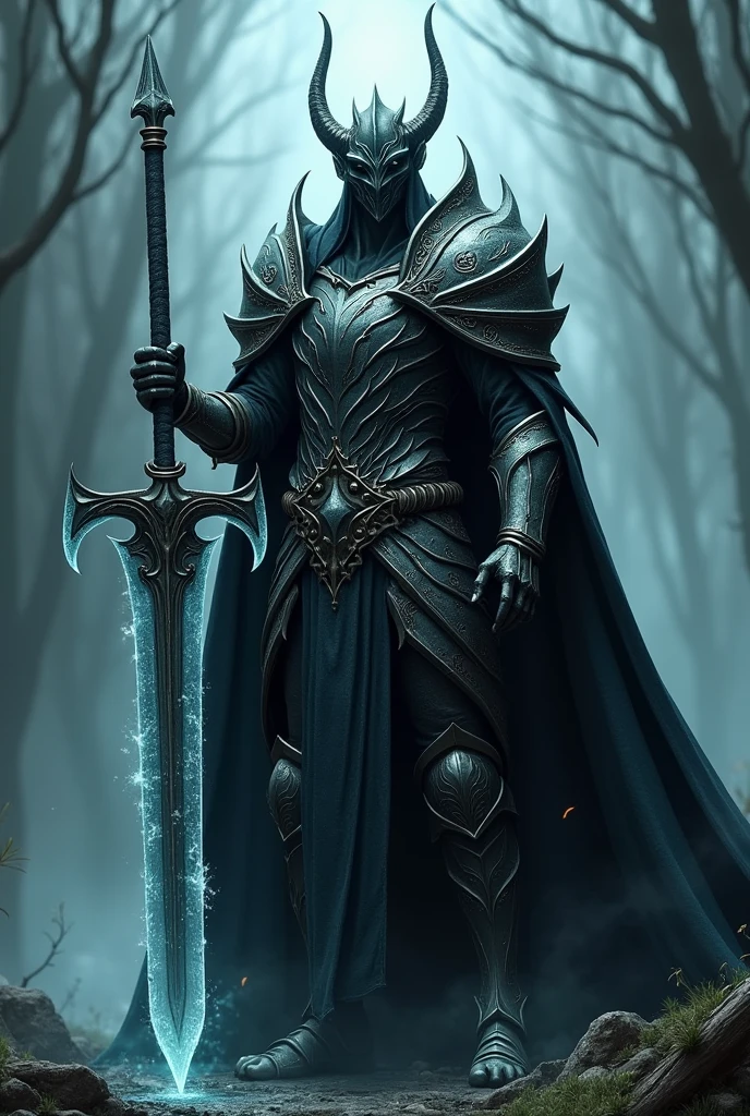 a male black elf king with helm like Death dealer, with sword Frostmourne