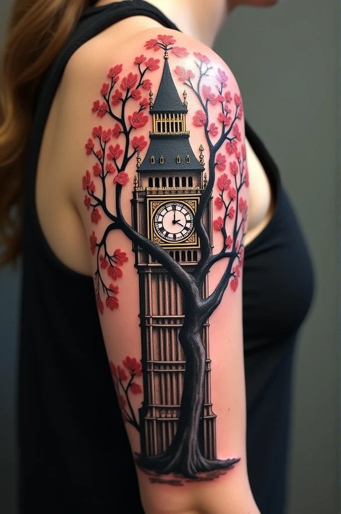 Tattoo on the arm of Big Ben on the shoulder, only the circle of the watch on the shoulder entangled in the high branches of a cherry tree that run along the arm
